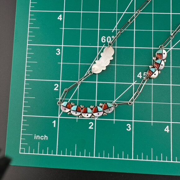 Vintage Zuni Sunface Sterling Silver Turquoise Inlay Sun Face Necklace - Picture 5 of 8